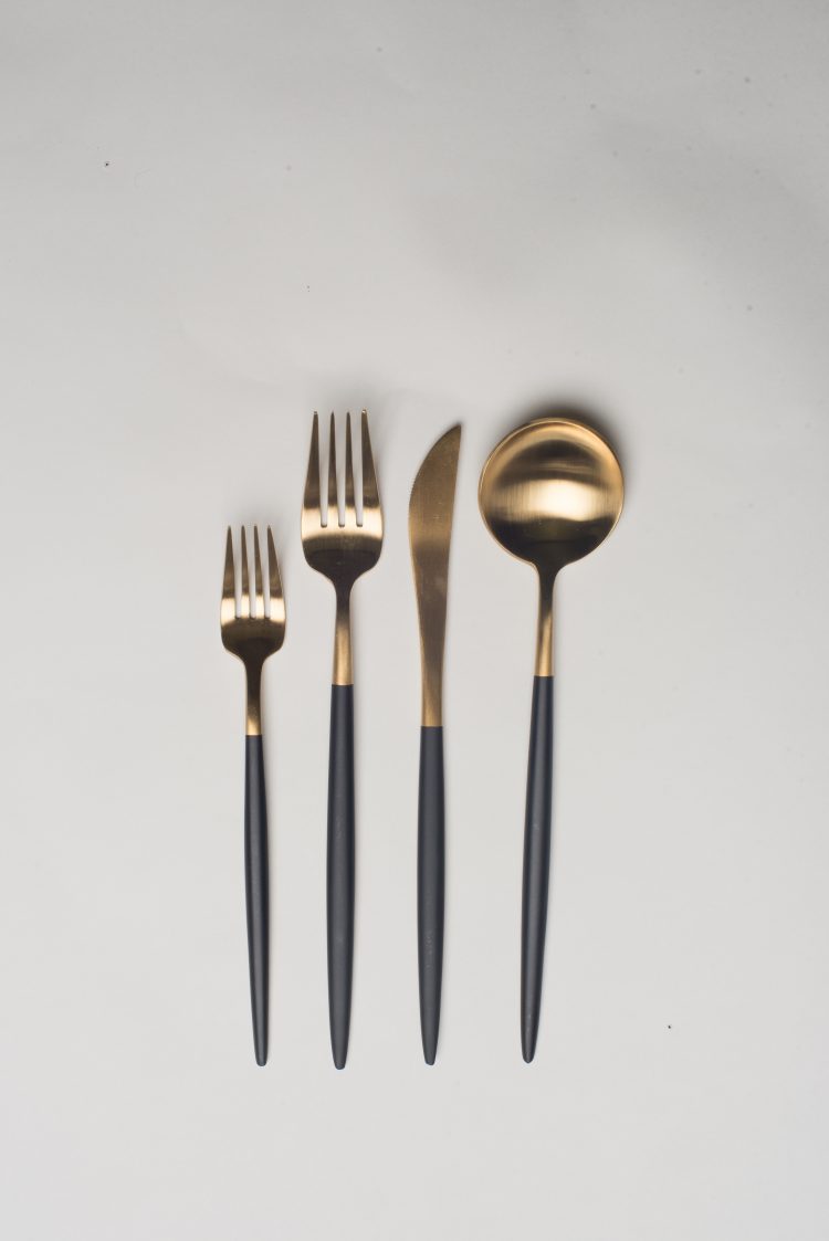 Brushed Gold Dipped Matte Black Flatware - Emerson James Rentals