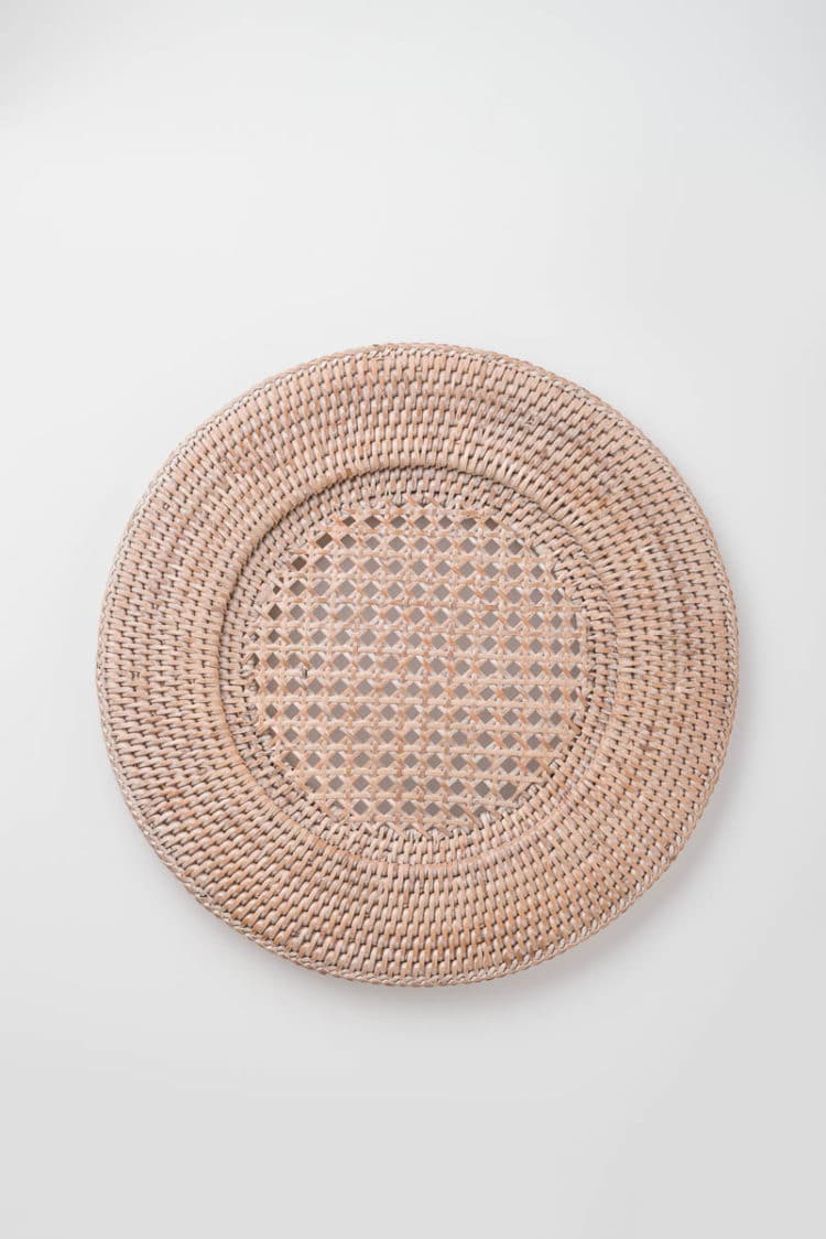 Whitewashed Rattan Charger - Emerson James Rentals